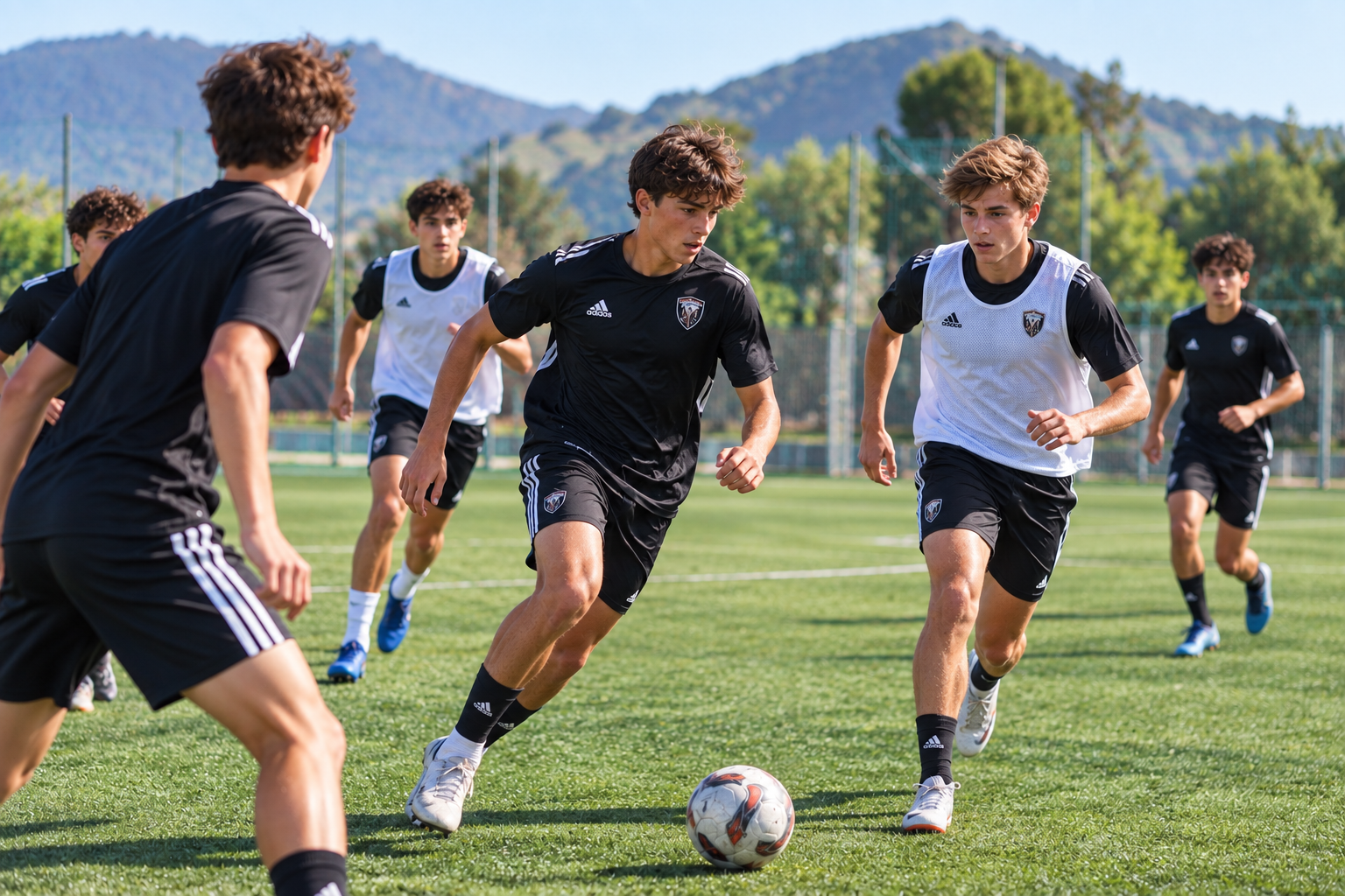 Adolescentes entrenando fútbol en una academia deportiva