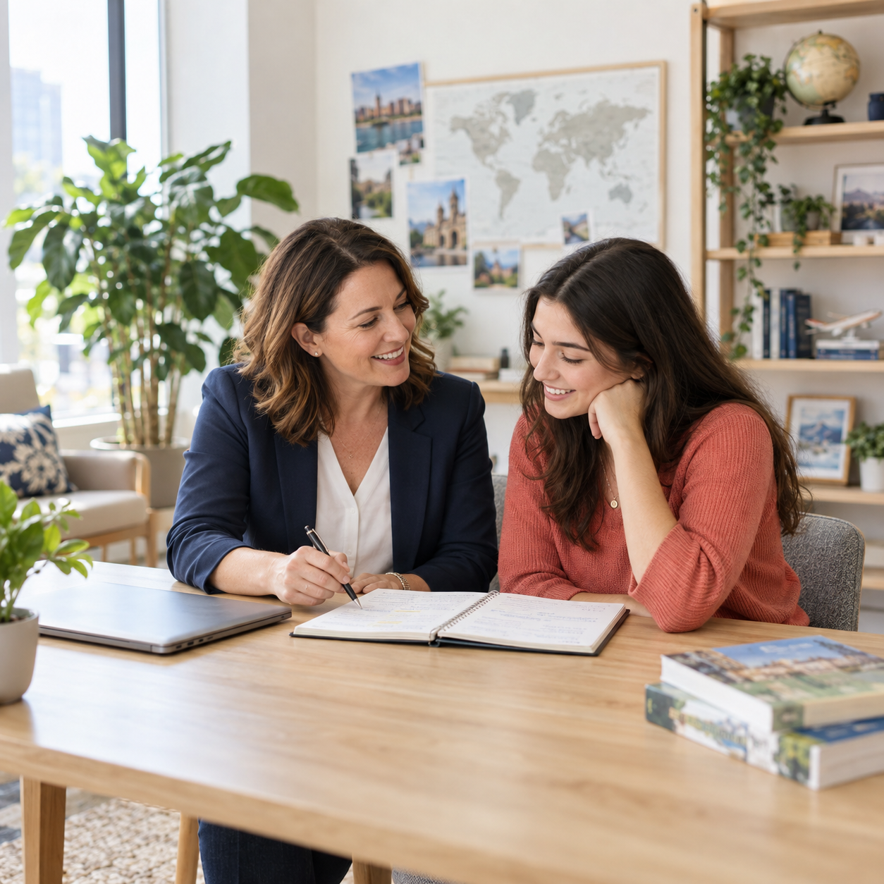 Orientadora y estudiante revisando juntas las opciones para una experiencia internacional